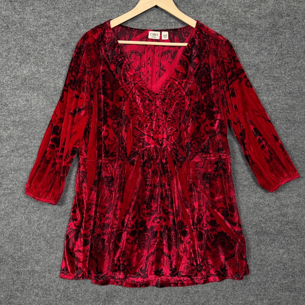 Cato Womens 26/28 Top Red Black Velour Whimsigoth Dark Fairy‎ V Neck 3/4 Sleeves